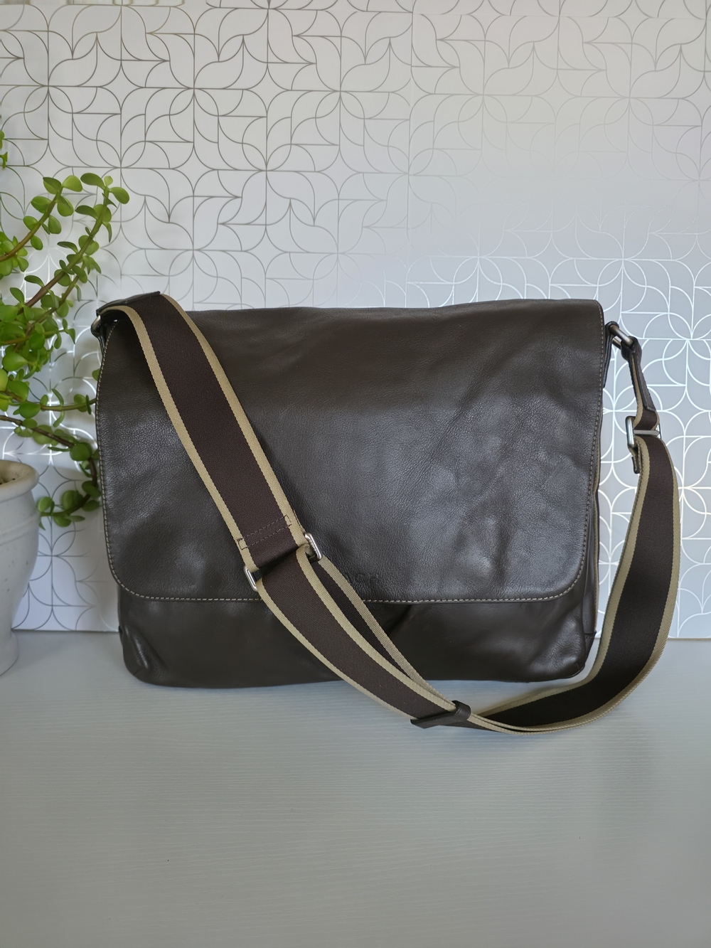 Coach Dark Brown Leather Messenger Bag with Striped Adjustable Strap